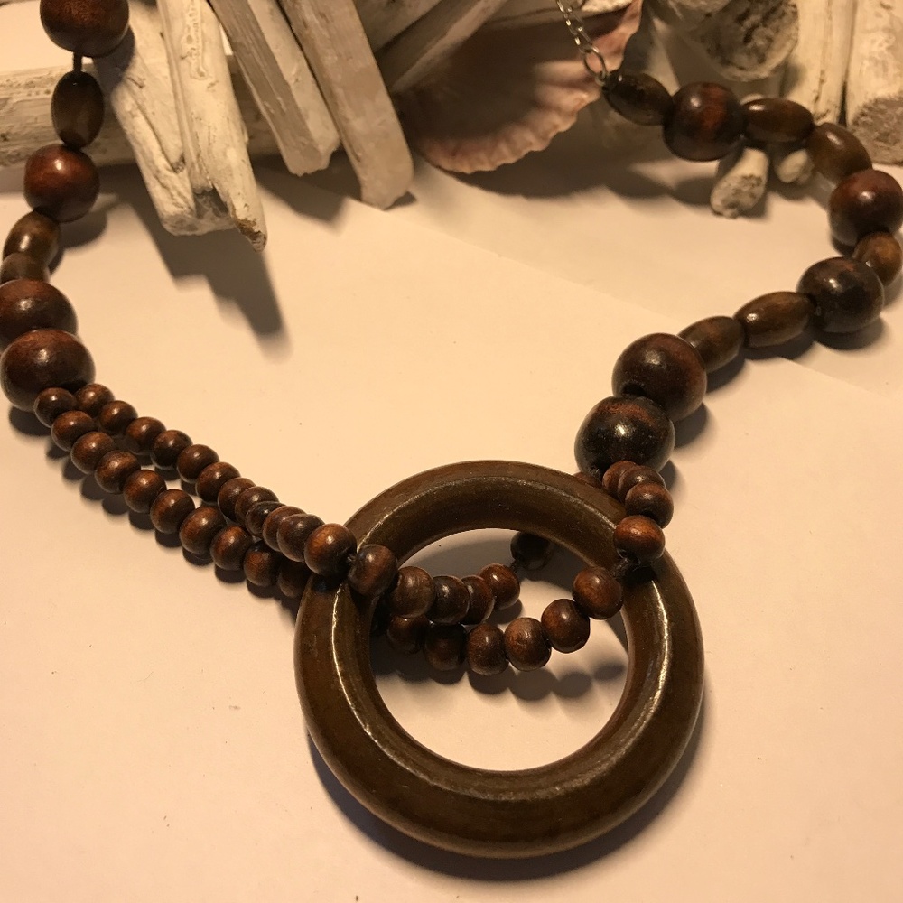 Brown Wooden Bead & Hoop Necklace
